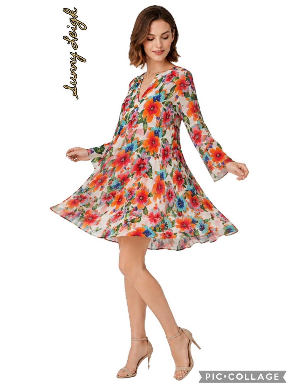 Sunny Leigh floral, full pleated flair, low-v, heavy fabric, fully lined dress